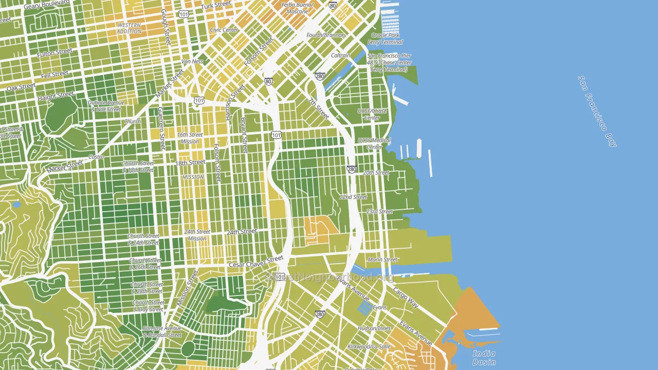 Map of the best neighborhoods in the Potrero, San Francisco area, with better matches in green and worse matches in red