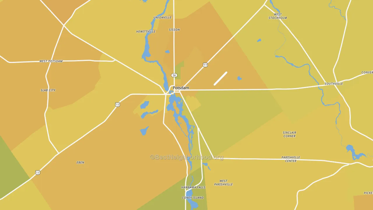 Map of the best neighborhoods in the Potsdam area, with better matches in green and worse matches in red