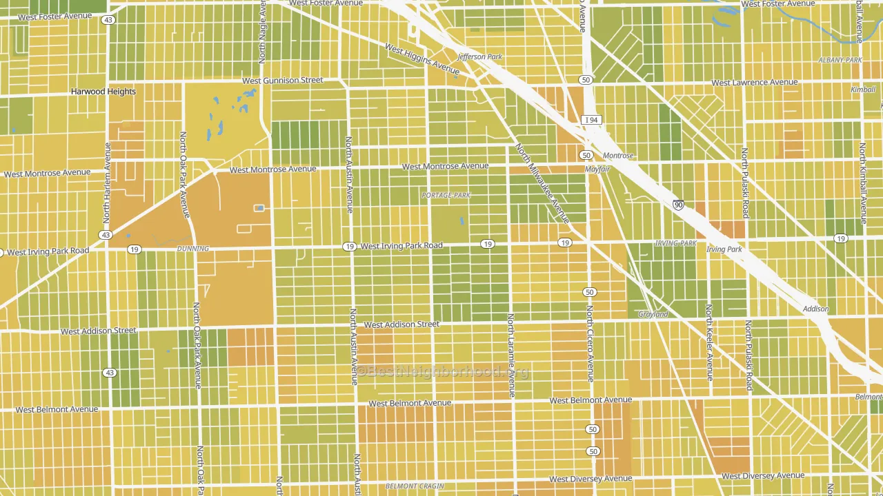 Map of the best neighborhoods in the Pottage Park, Chicago area, with better matches in green and worse matches in red