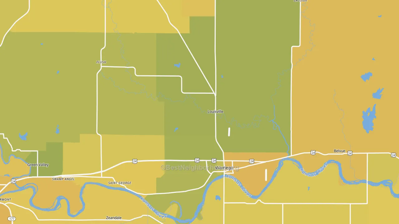 Map of the best neighborhoods in the Pottawatomie County area, with better matches in green and worse matches in red