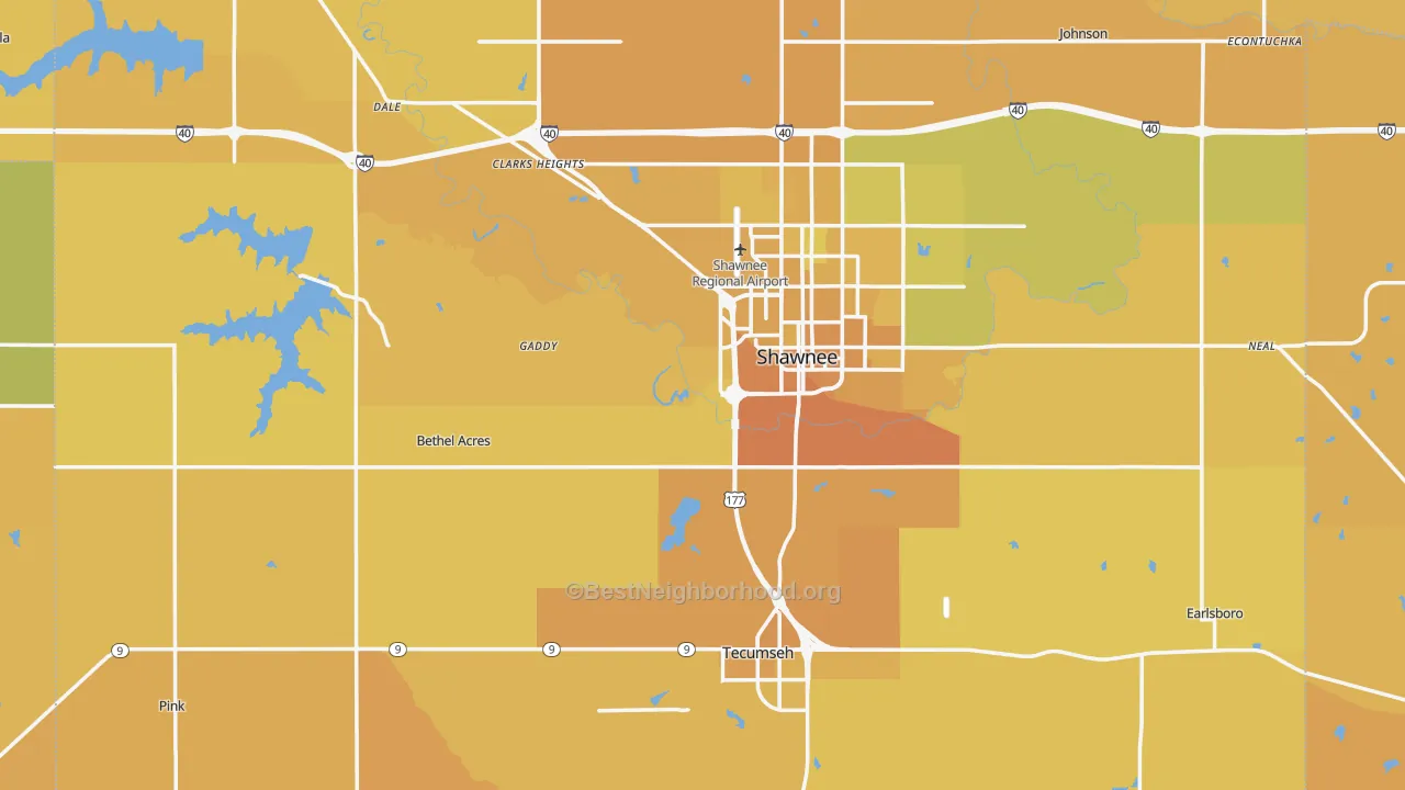 Map of the best neighborhoods in the Pottawatomie County area, with better matches in green and worse matches in red