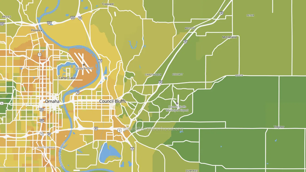 Map of the best neighborhoods in the Pottawattamie County area, with better matches in green and worse matches in red