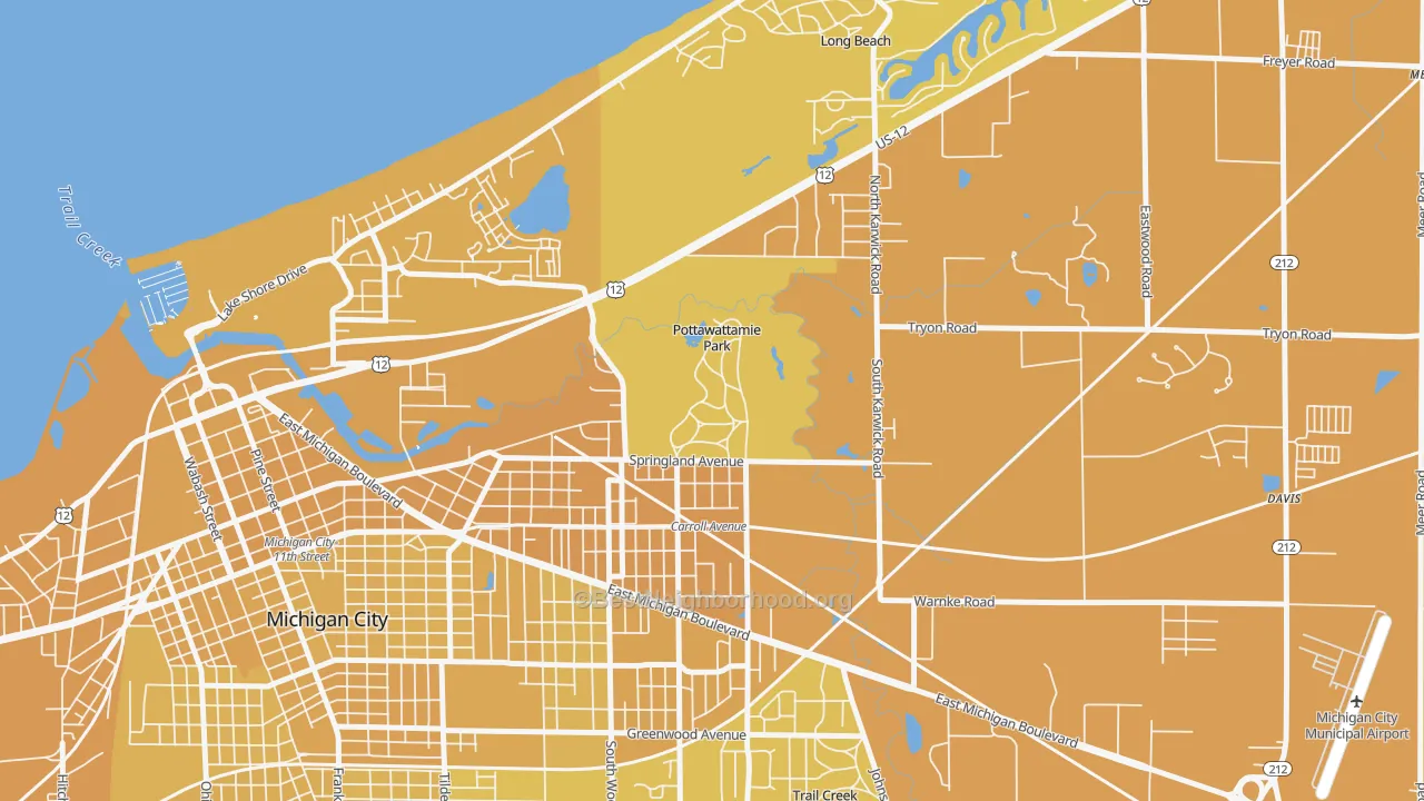 Map of the best neighborhoods in the Pottawattamie Park area, with better matches in green and worse matches in red