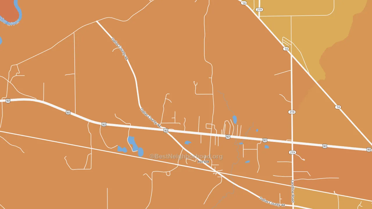 Map of the best neighborhoods in the Potter area, with better matches in green and worse matches in red