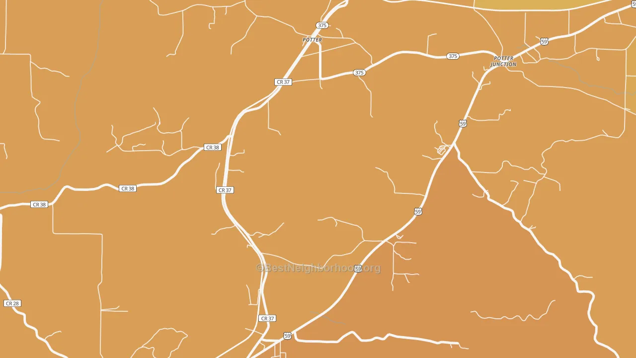 Map of the best neighborhoods in the Potter area, with better matches in green and worse matches in red