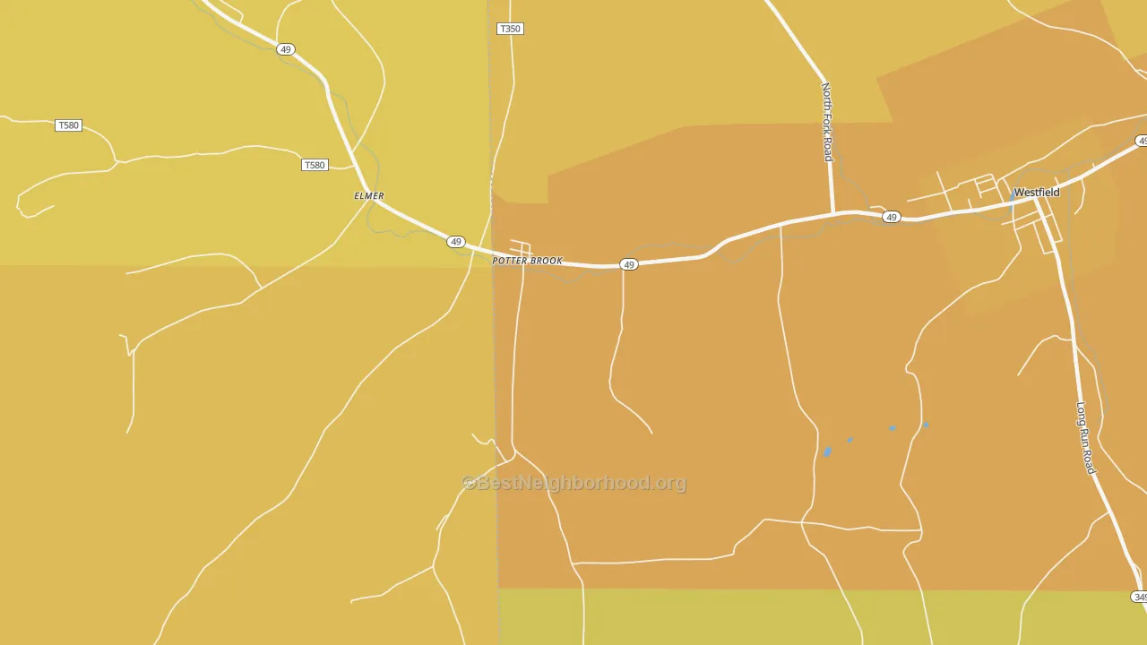 Map of the best neighborhoods in the Potter Brook area, with better matches in green and worse matches in red