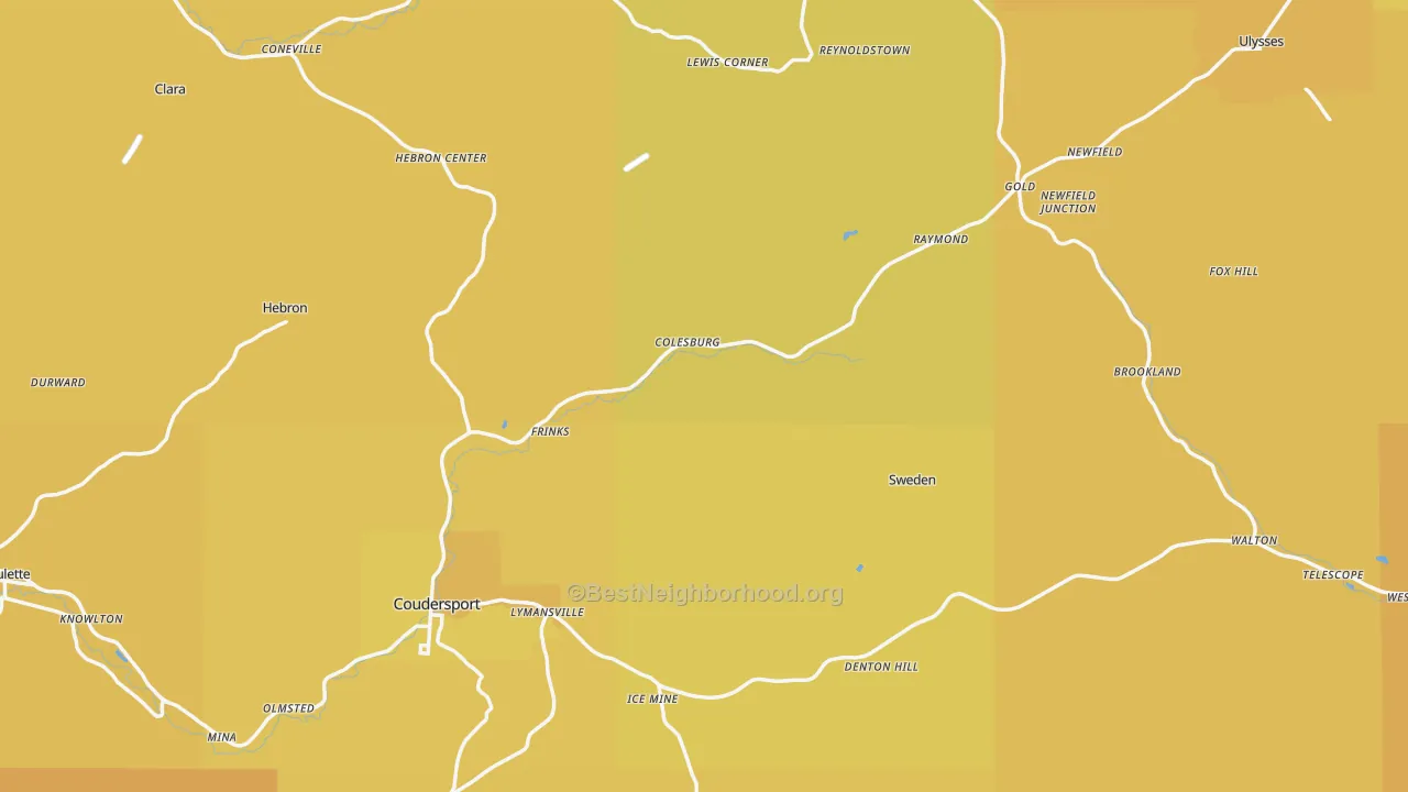 Map of the best neighborhoods in the Potter County area, with better matches in green and worse matches in red