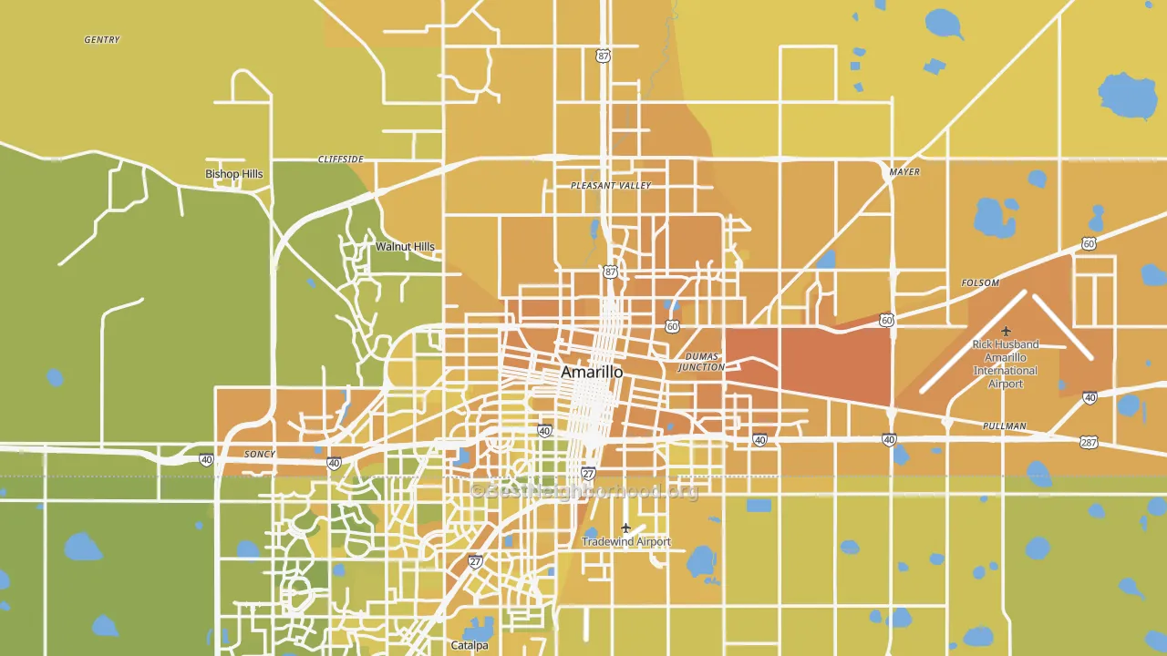 Map of the best neighborhoods in the Potter County area, with better matches in green and worse matches in red