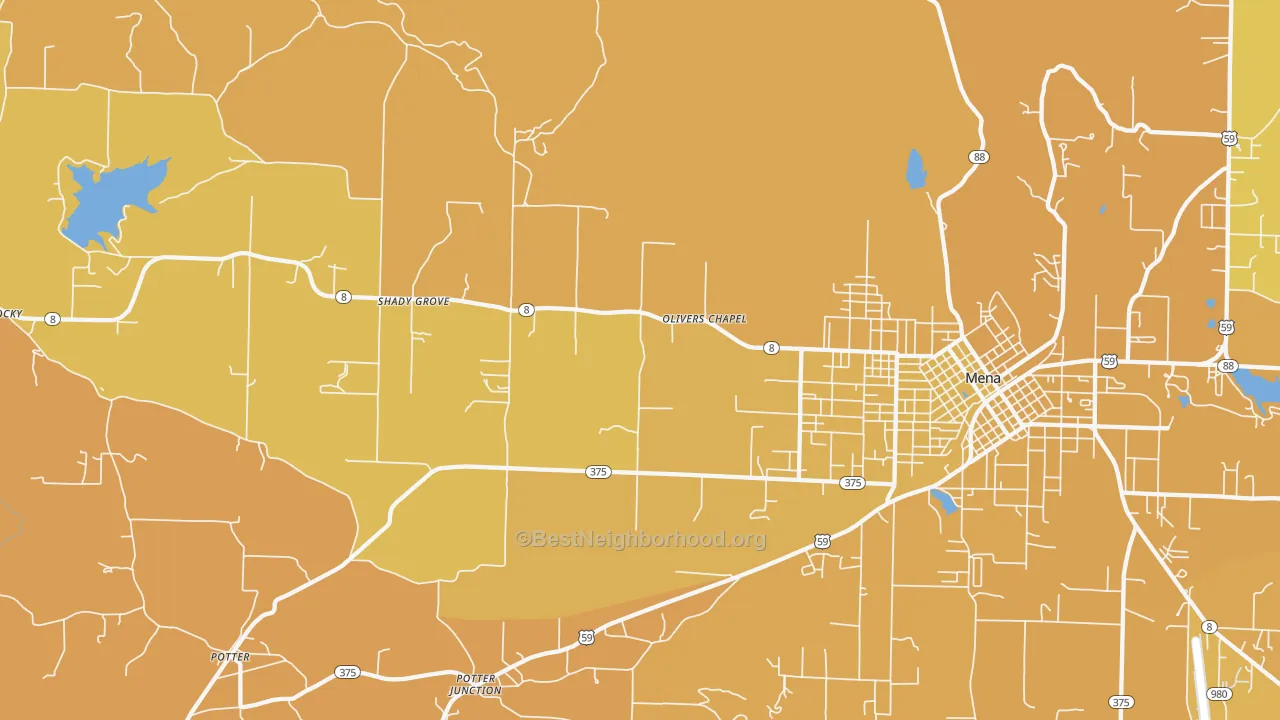 Map of the best neighborhoods in the Potter Junction area, with better matches in green and worse matches in red