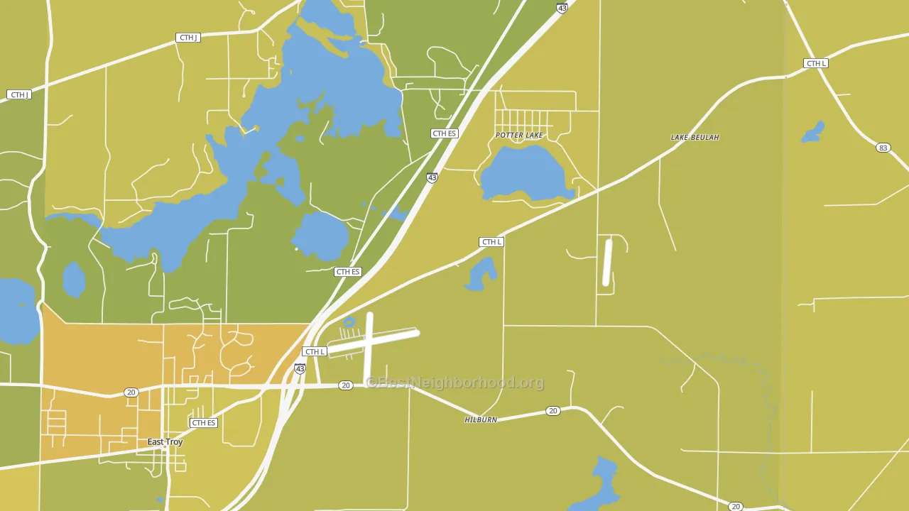 Map of the best neighborhoods in the Potter Lake area, with better matches in green and worse matches in red