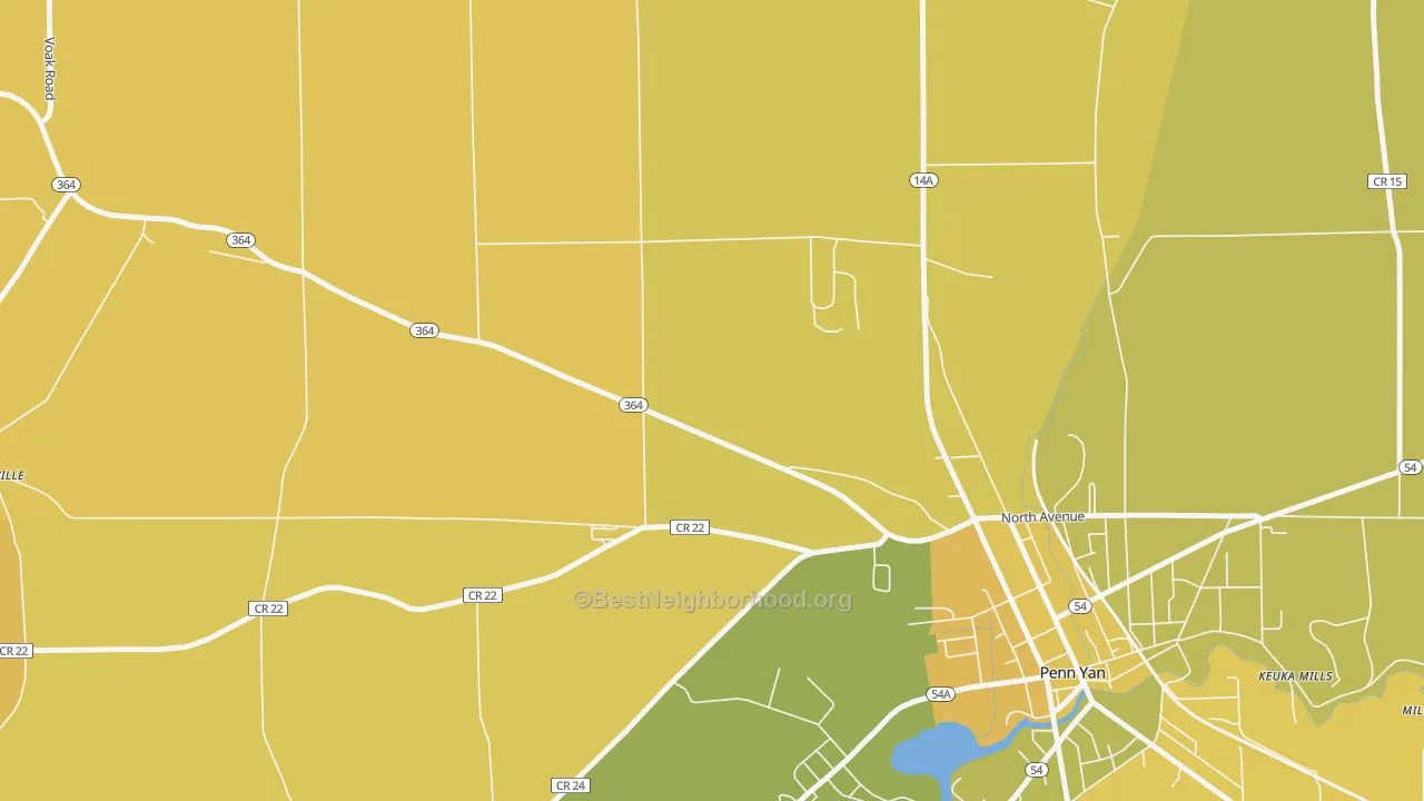 Map of the best neighborhoods in the Potter area, with better matches in green and worse matches in red