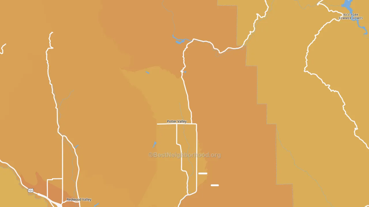 Map of the best neighborhoods in the Potter Valley area, with better matches in green and worse matches in red
