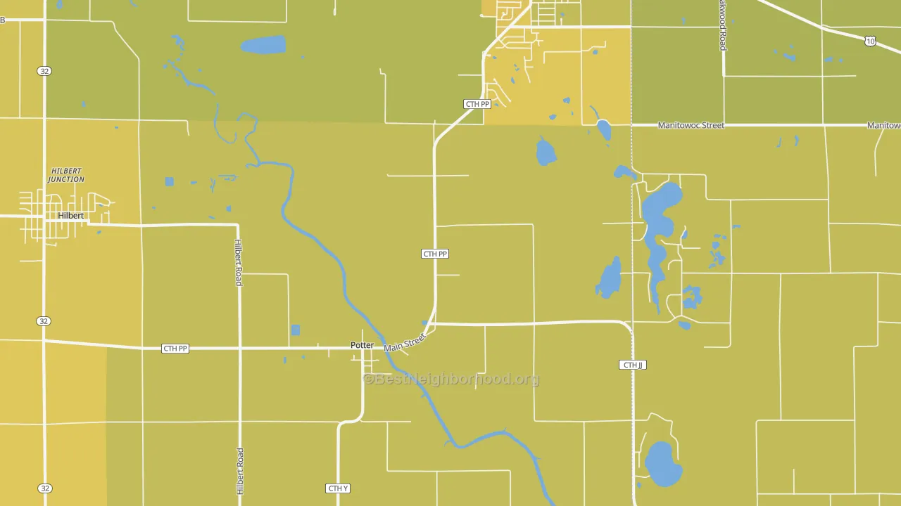 Map of the best neighborhoods in the Potter area, with better matches in green and worse matches in red