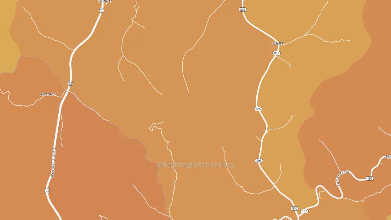 Map of the best neighborhoods in the Potters Fork area, with better matches in green and worse matches in red
