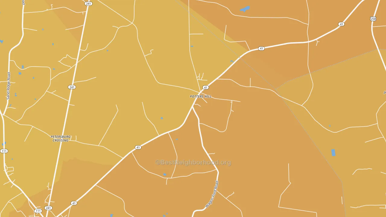 Map of the best neighborhoods in the Potters Hill area, with better matches in green and worse matches in red