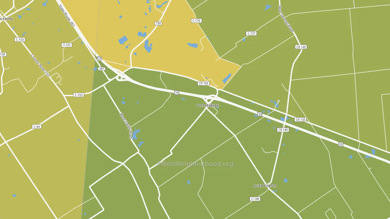 Map of the best neighborhoods in the Pottersburg area, with better matches in green and worse matches in red