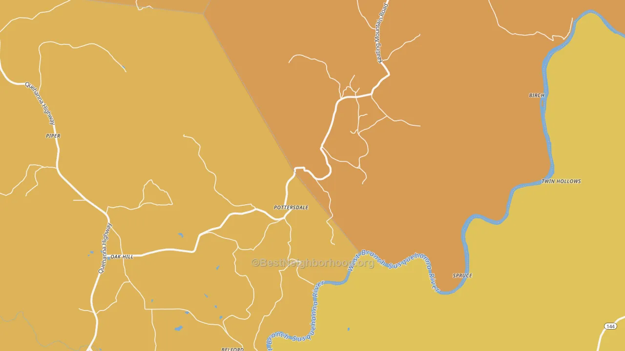 Map of the best neighborhoods in the Pottersdale area, with better matches in green and worse matches in red