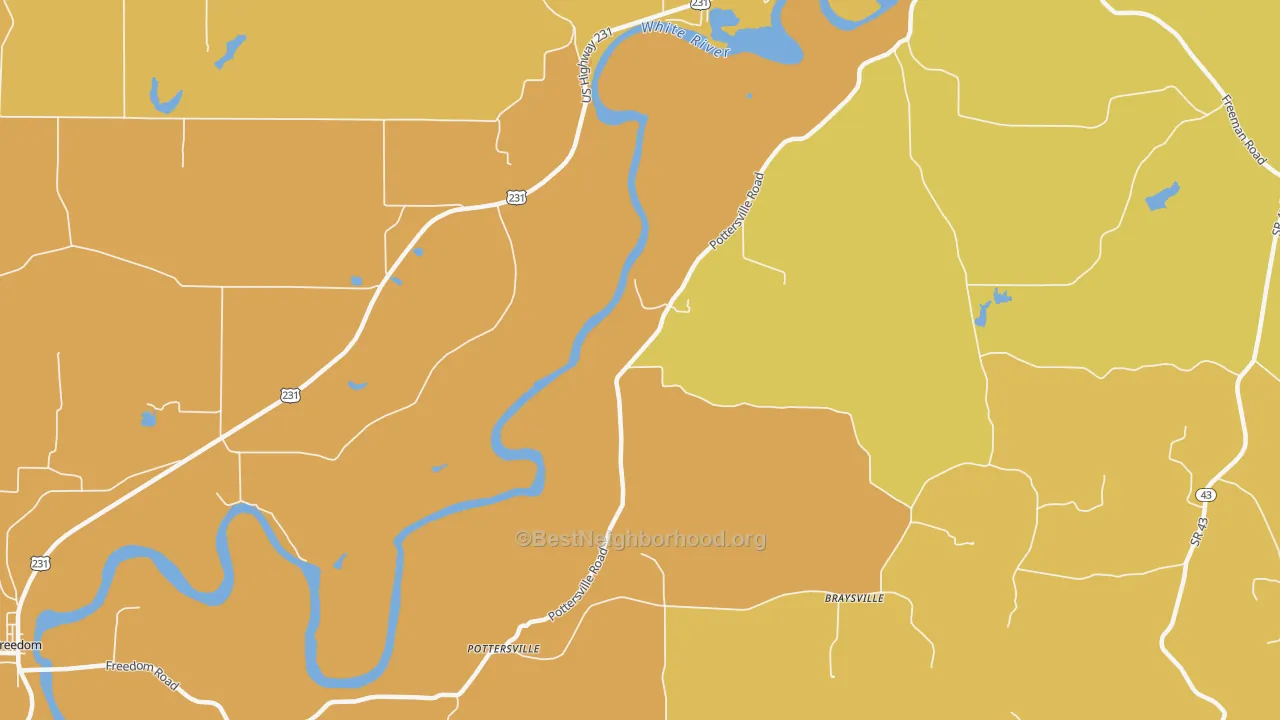 Map of the best neighborhoods in the Pottersville area, with better matches in green and worse matches in red