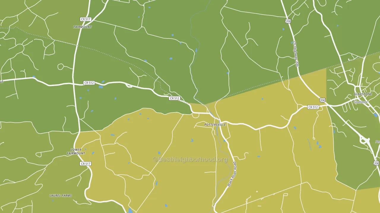 Map of the best neighborhoods in the Pottersville area, with better matches in green and worse matches in red