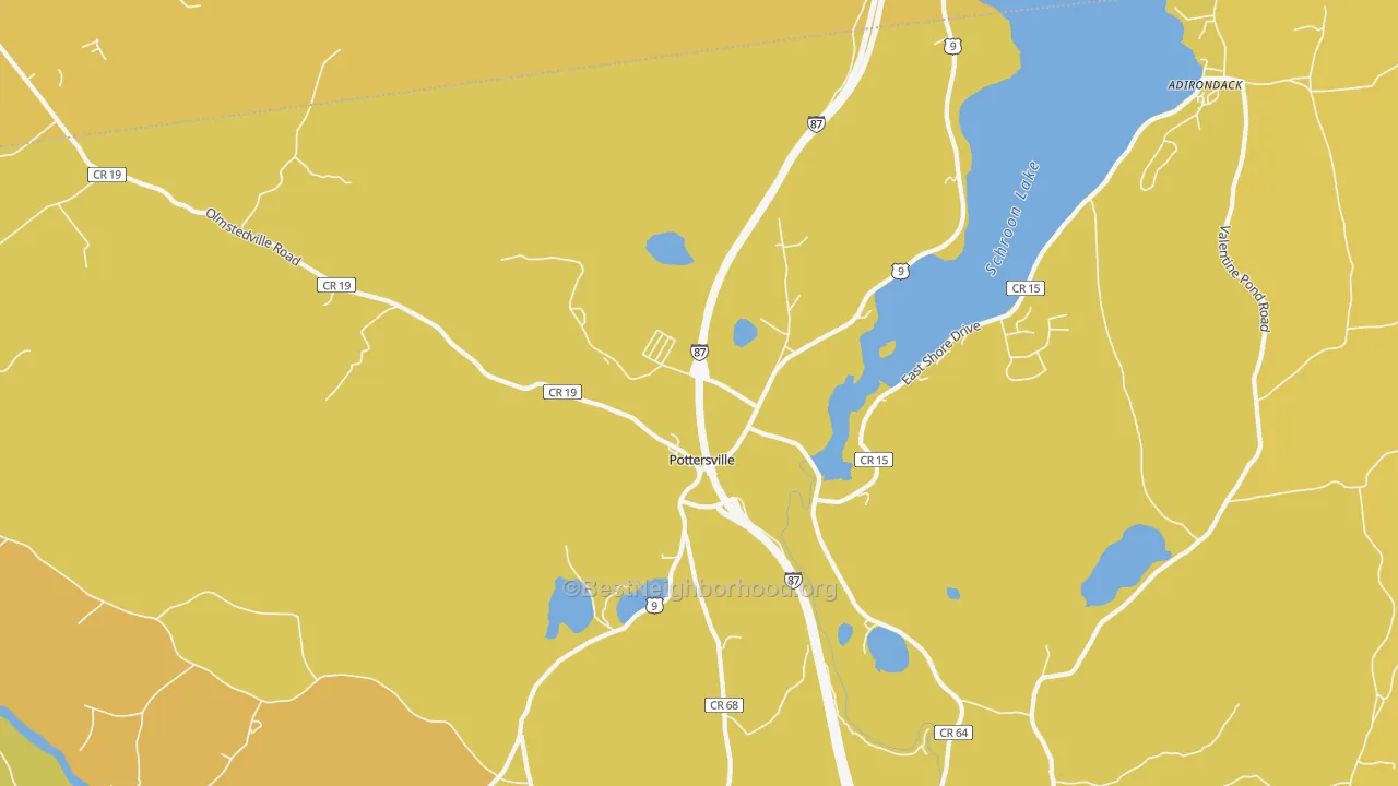 Map of the best neighborhoods in the Pottersville area, with better matches in green and worse matches in red