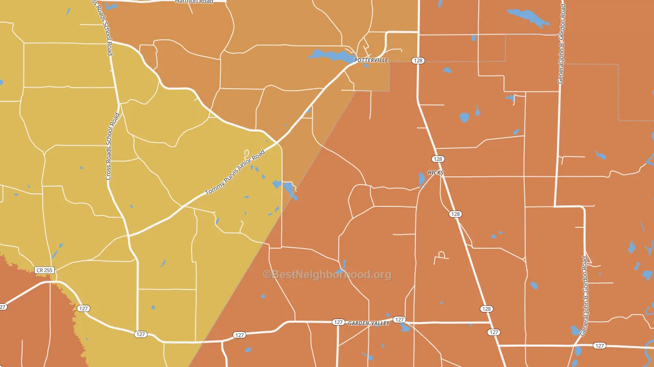 Map of the best neighborhoods in the Potterville area, with better matches in green and worse matches in red