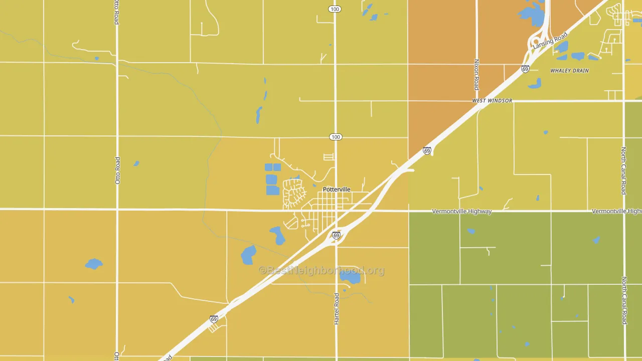 Map of the best neighborhoods in the Potterville area, with better matches in green and worse matches in red