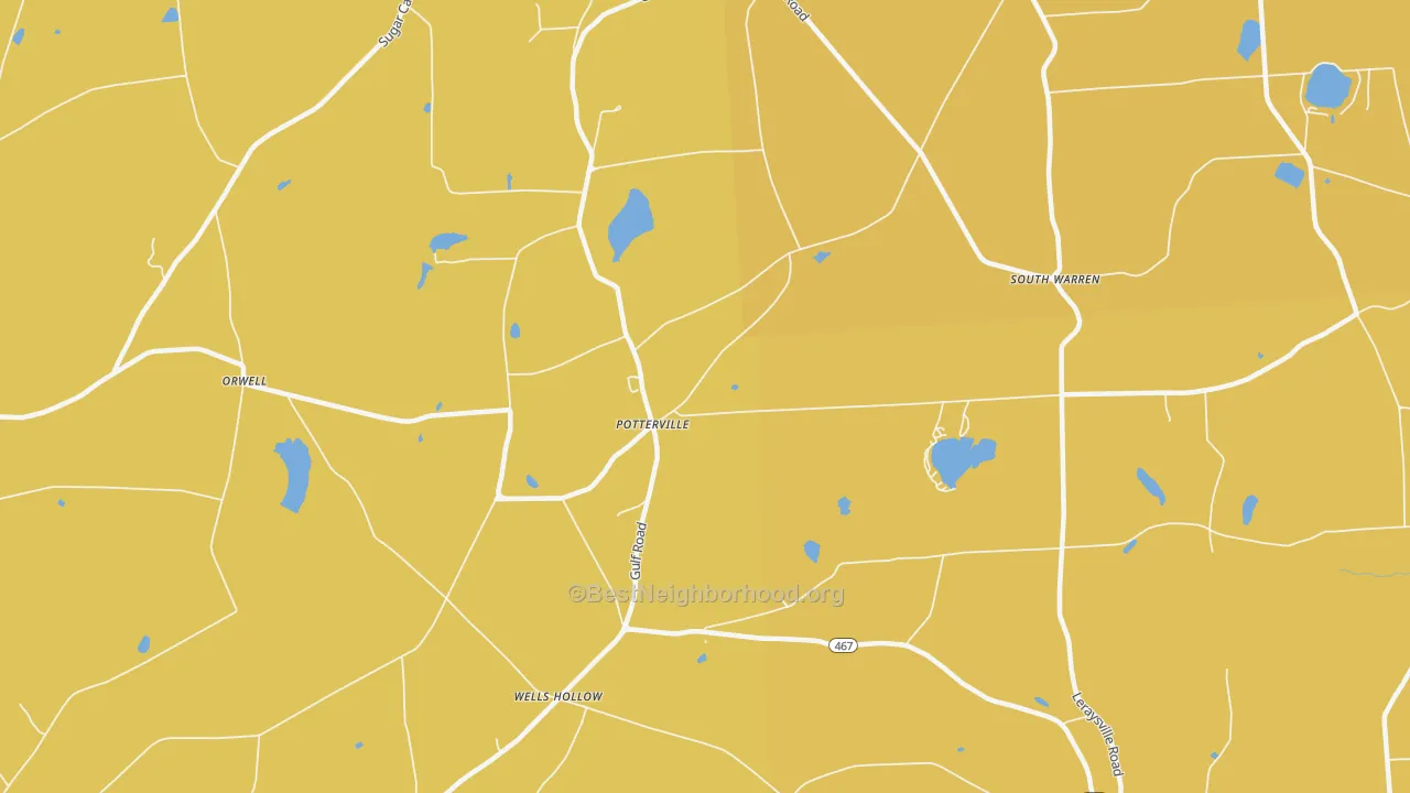 Map of the best neighborhoods in the Potterville area, with better matches in green and worse matches in red