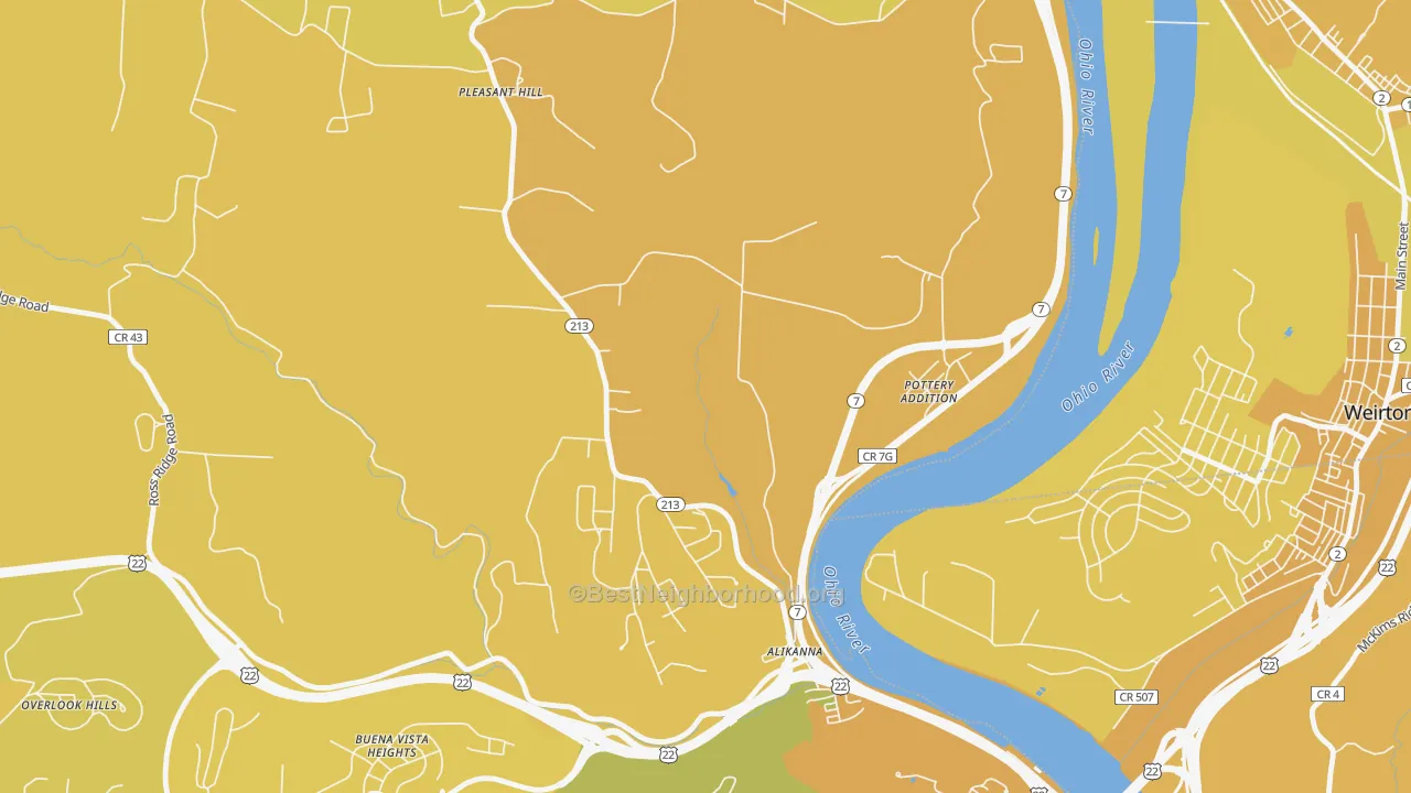 Map of the best neighborhoods in the Pottery Addition area, with better matches in green and worse matches in red