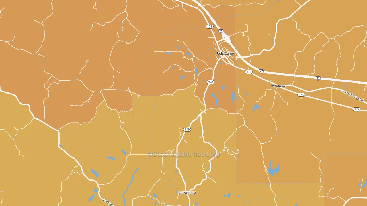 Map of the best neighborhoods in the Potts Camp area, with better matches in green and worse matches in red