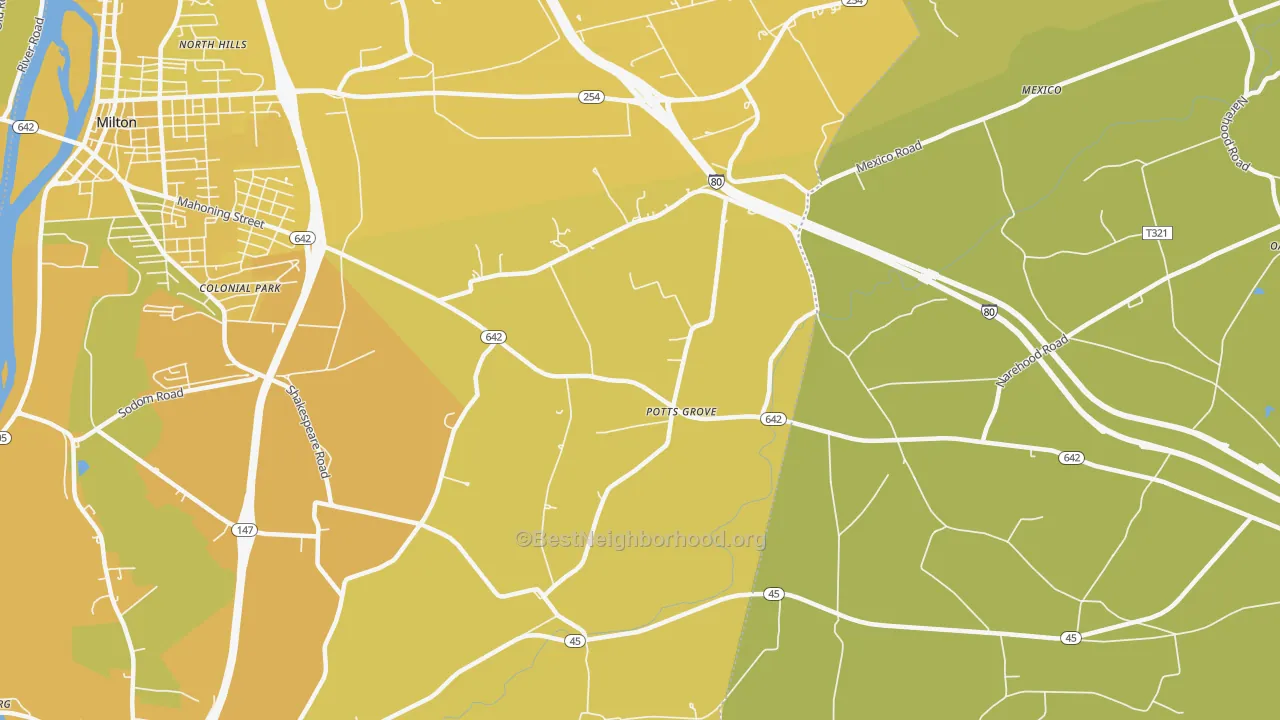 Map of the best neighborhoods in the Potts Grove area, with better matches in green and worse matches in red