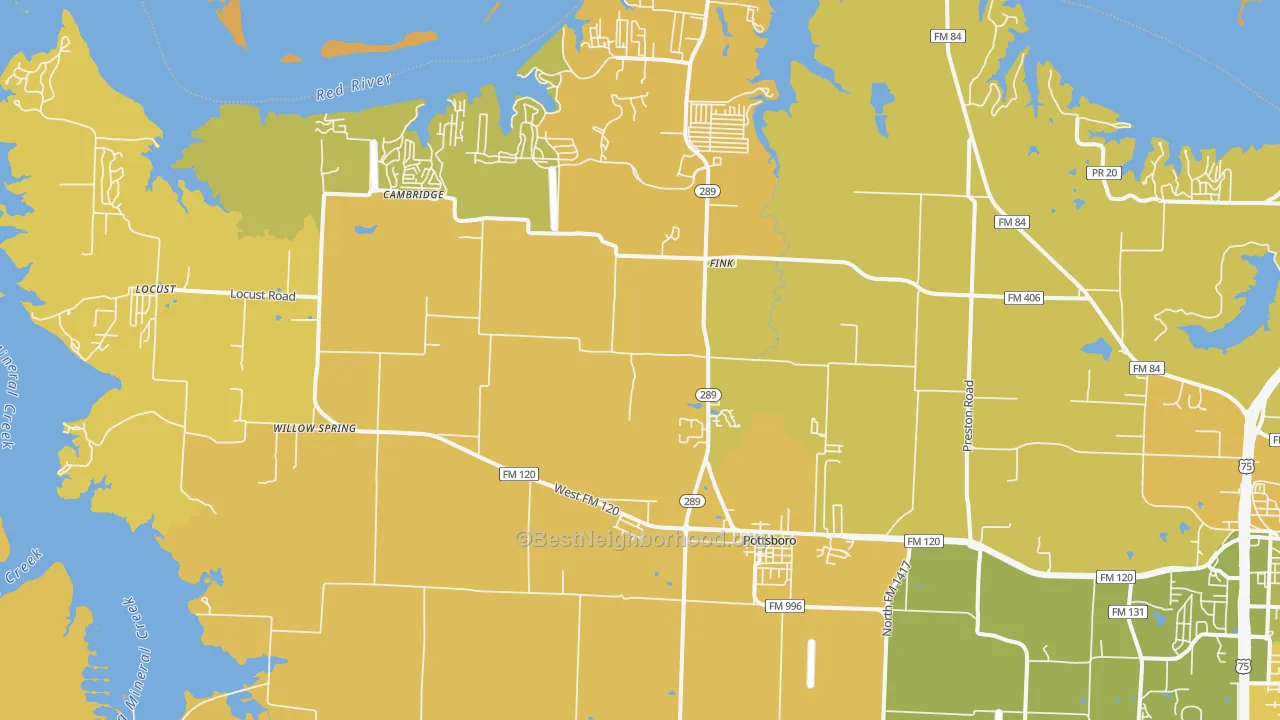 Map of the best neighborhoods in the Pottsboro area, with better matches in green and worse matches in red