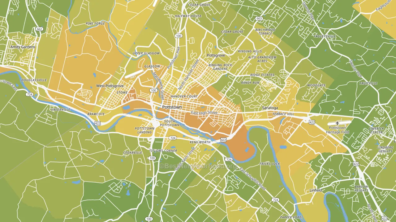 Map of the best neighborhoods in the Pottstown area, with better matches in green and worse matches in red