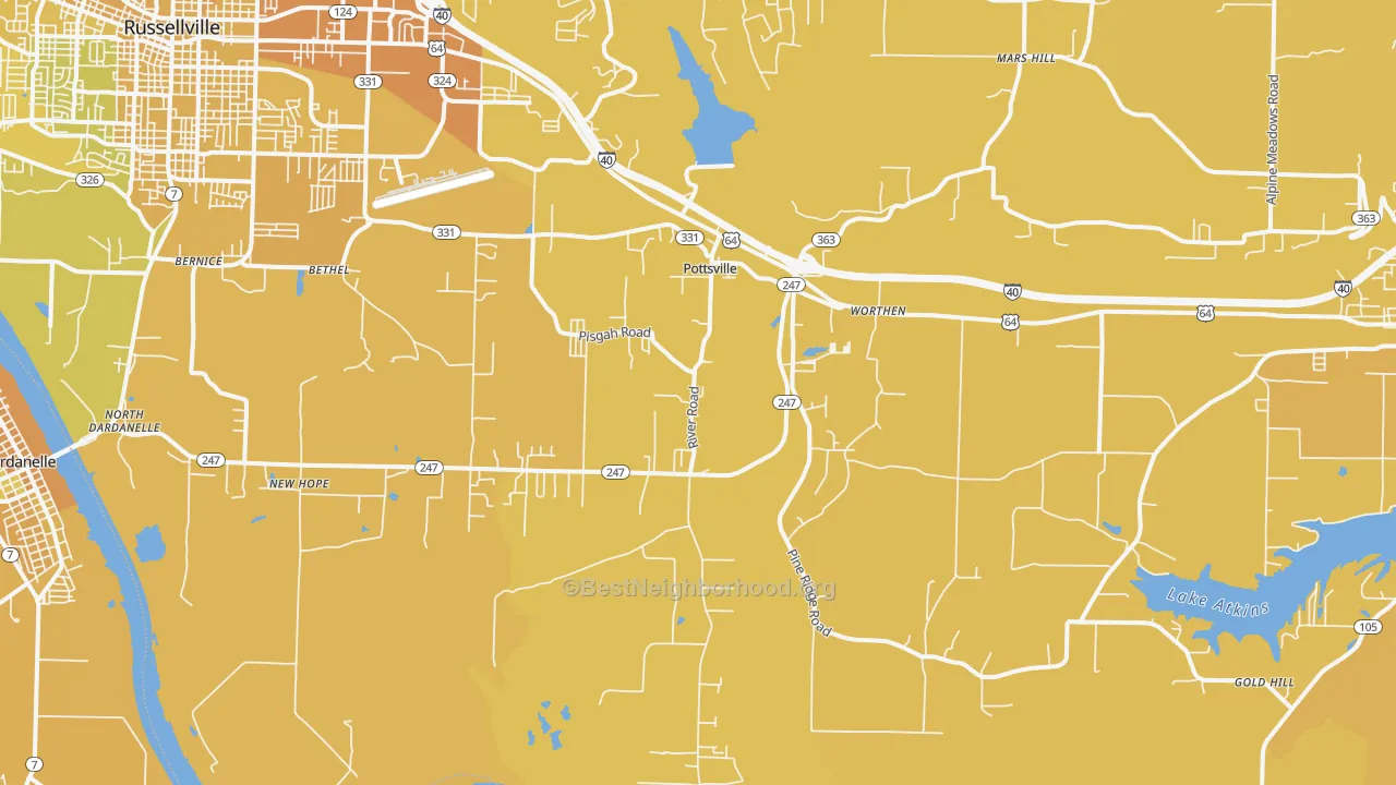 Map of the best neighborhoods in the Pottsville area, with better matches in green and worse matches in red