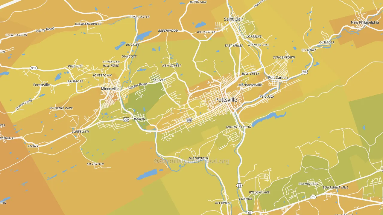 Map of the best neighborhoods in the Pottsville area, with better matches in green and worse matches in red