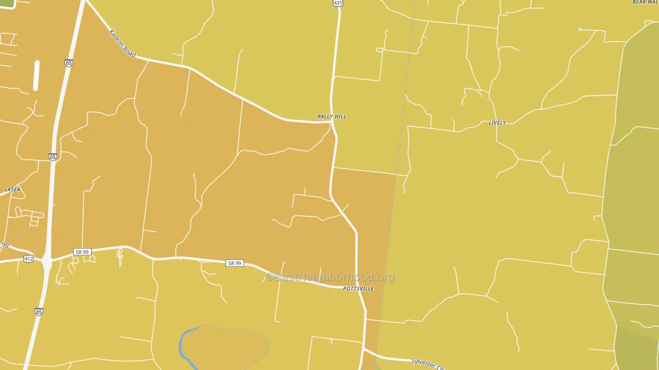 Map of the best neighborhoods in the Pottsville area, with better matches in green and worse matches in red