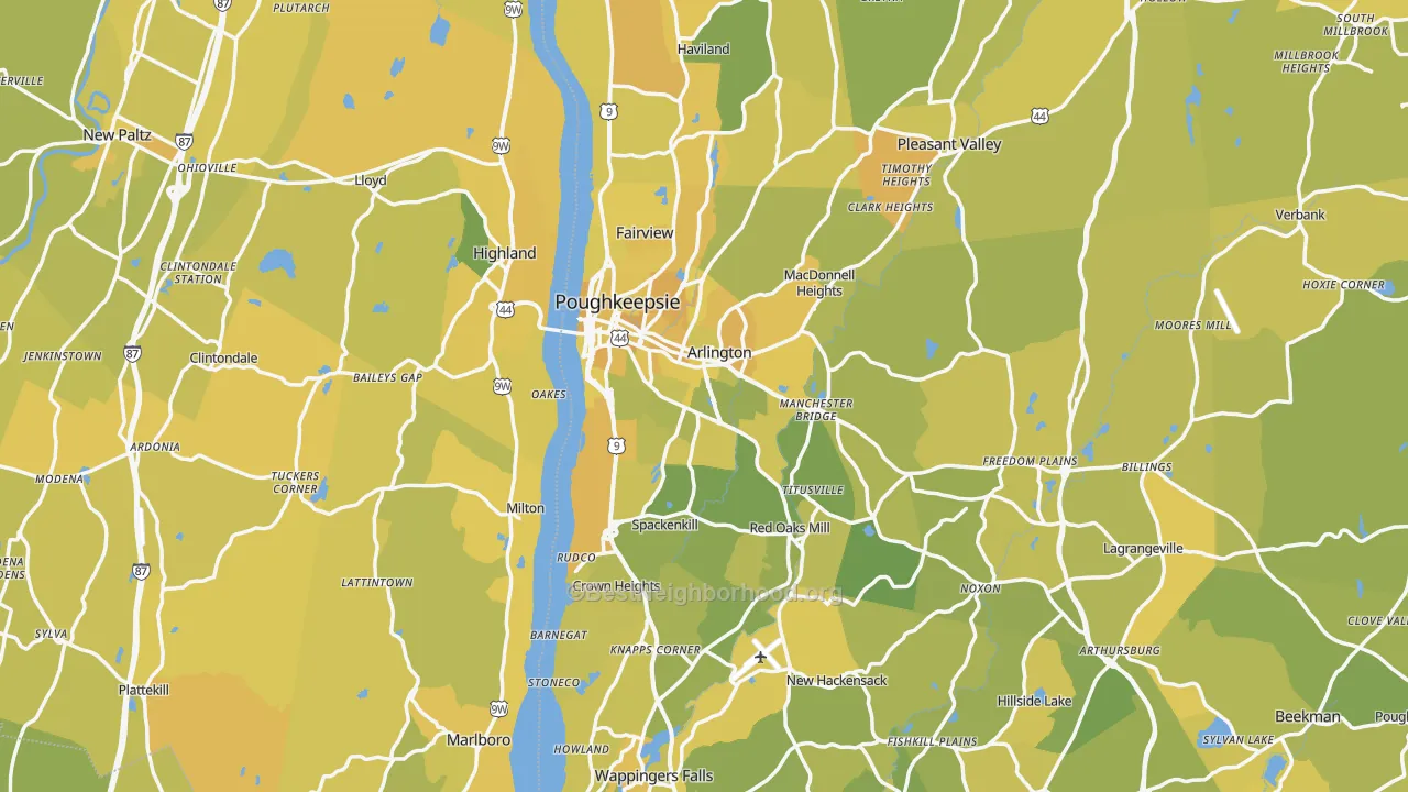 Map of the best neighborhoods in the Poughkeepsie Metro area, with better matches in green and worse matches in red