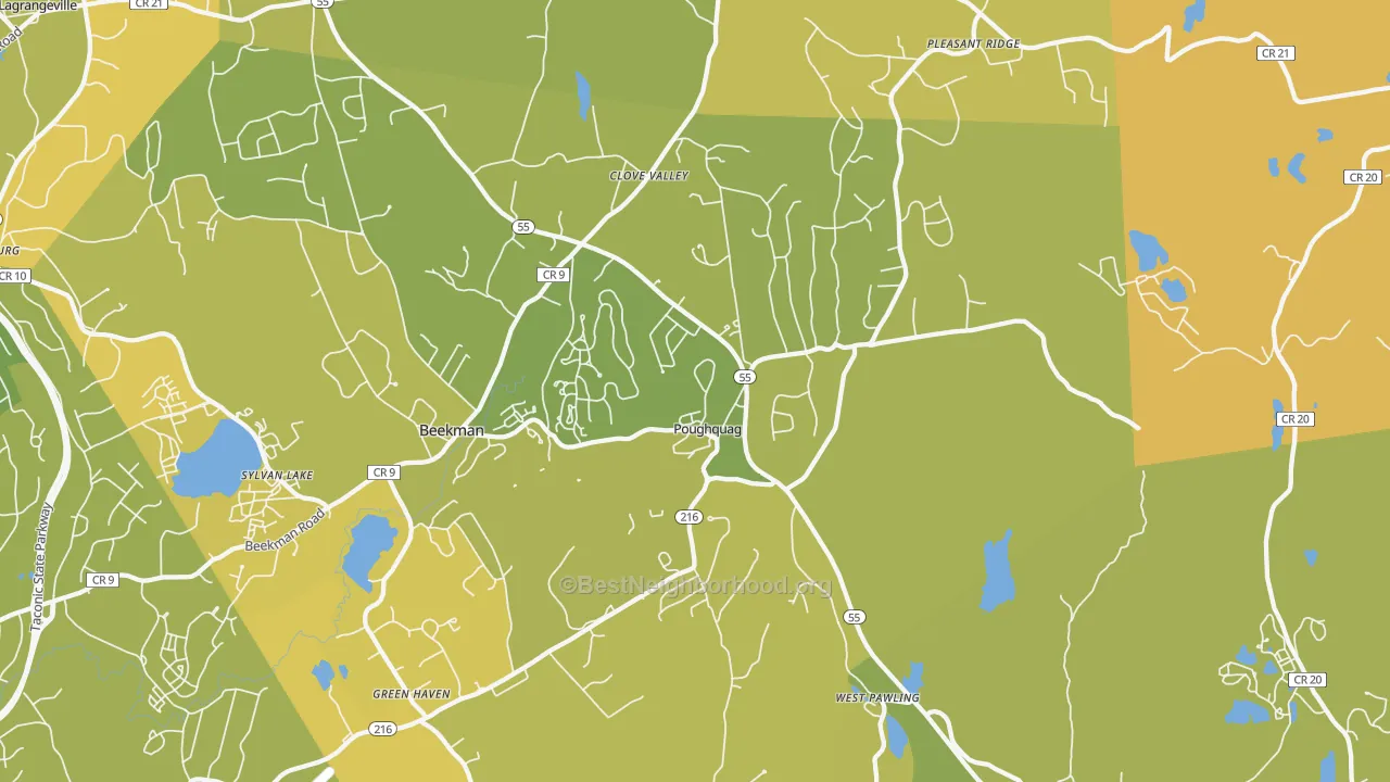 Map of the best neighborhoods in the Poughquag area, with better matches in green and worse matches in red
