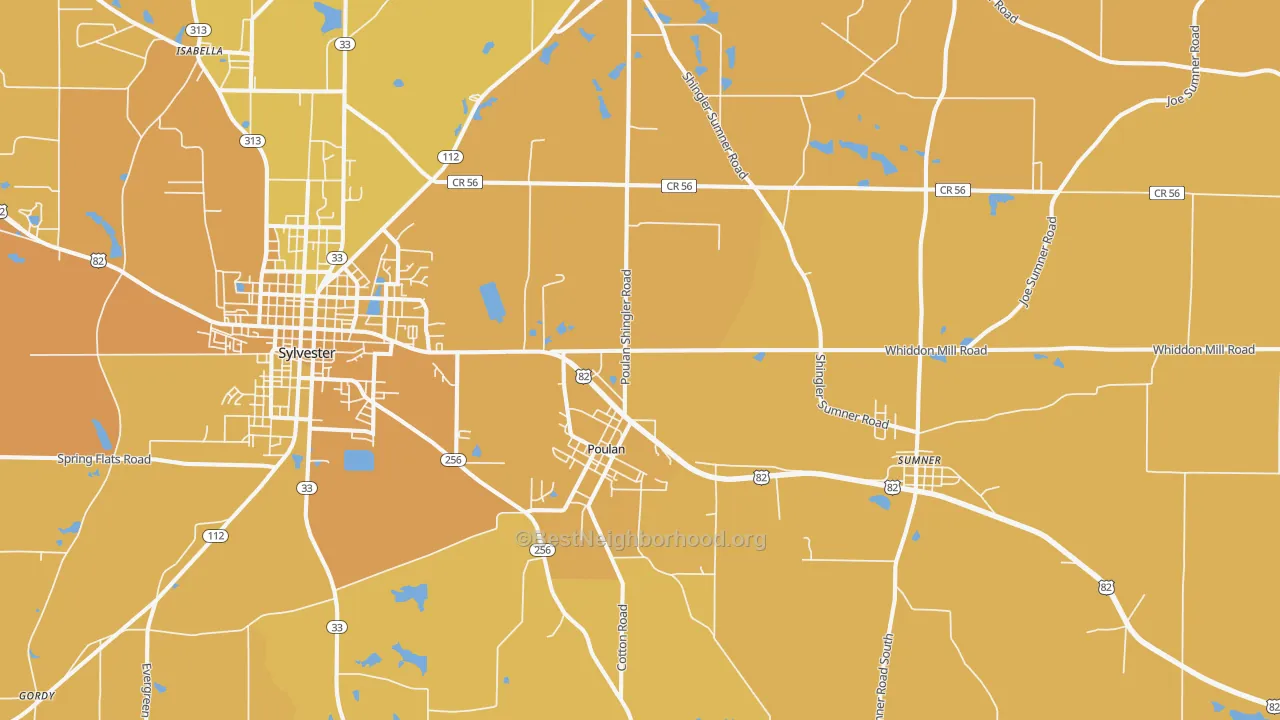 Map of the best neighborhoods in the Poulan area, with better matches in green and worse matches in red