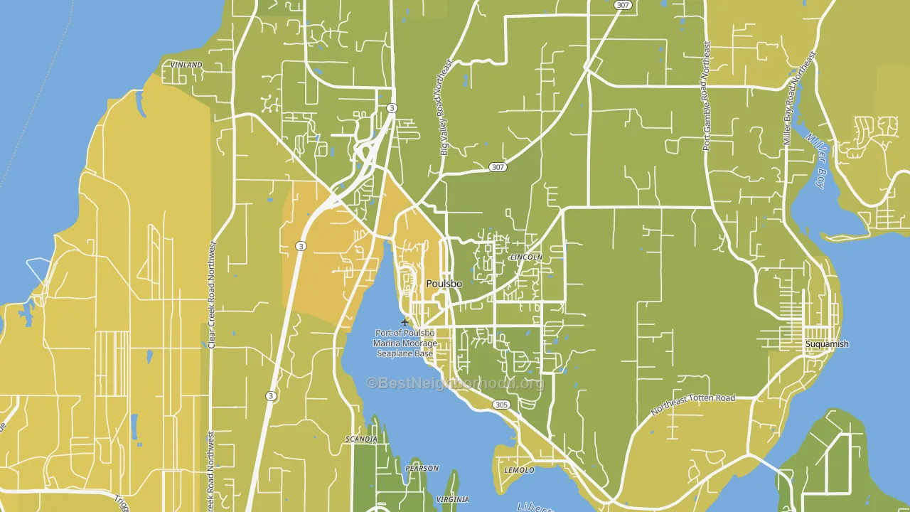 Map of the best neighborhoods in the Poulsbo area, with better matches in green and worse matches in red
