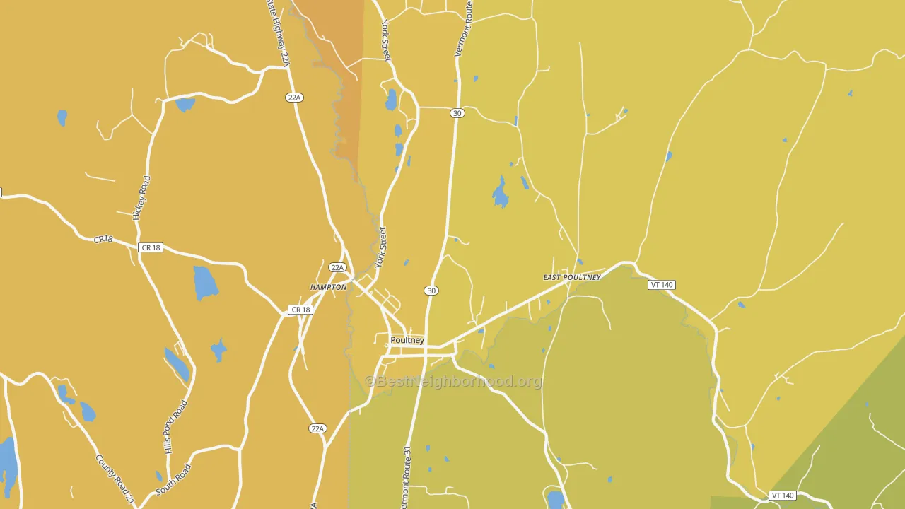 Map of the best neighborhoods in the Poultney area, with better matches in green and worse matches in red