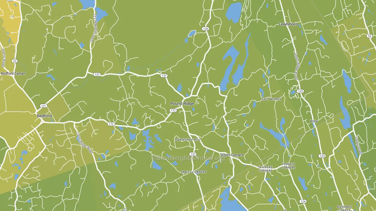 Map of the best neighborhoods in the Pound Ridge area, with better matches in green and worse matches in red