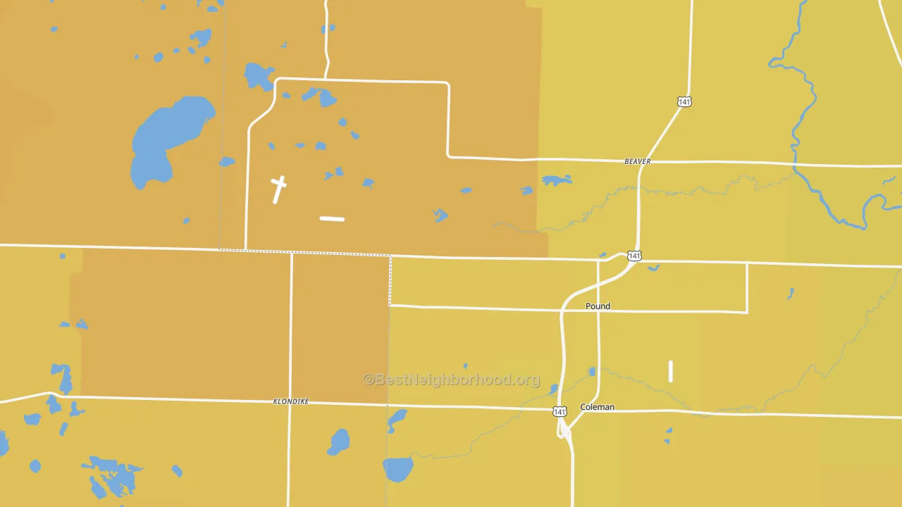 Map of the best neighborhoods in the Pound area, with better matches in green and worse matches in red