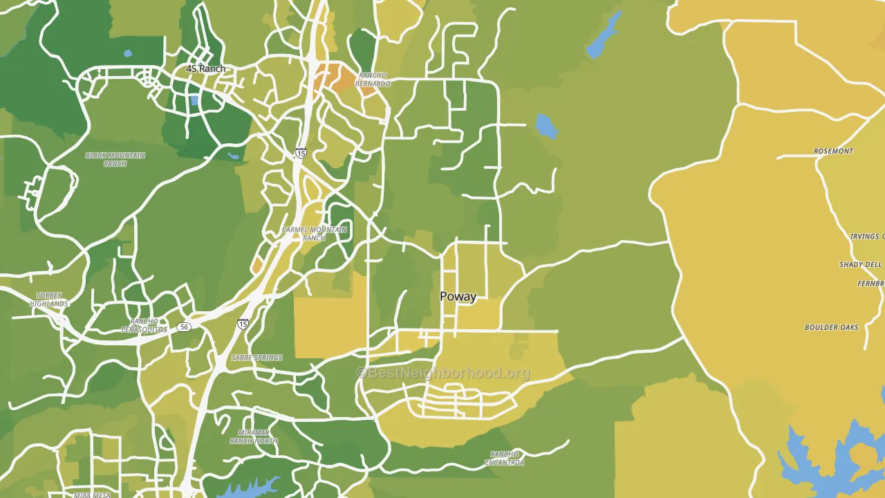 Map of the best neighborhoods in the Poway area, with better matches in green and worse matches in red