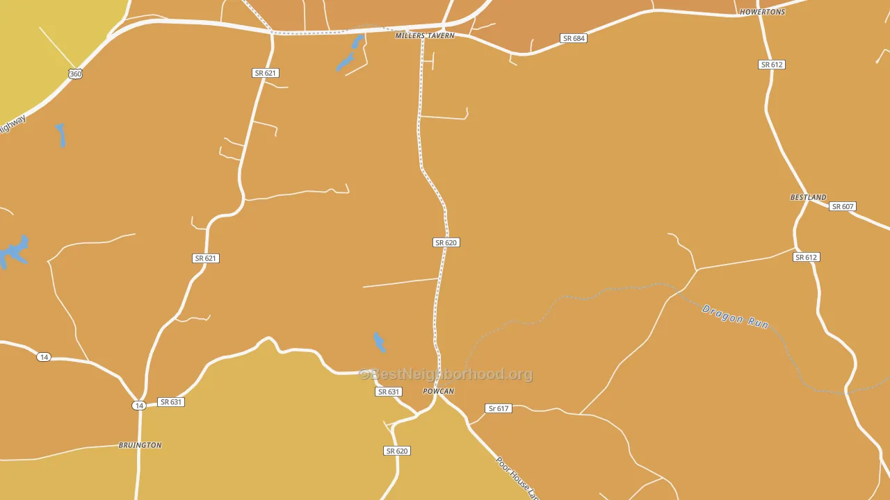 Map of the best neighborhoods in the Powcan area, with better matches in green and worse matches in red