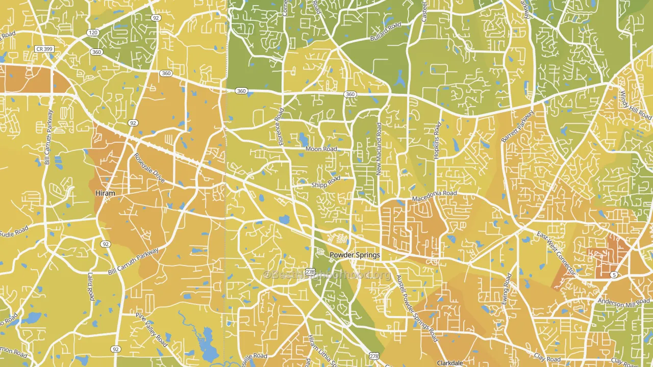Map of the best neighborhoods in the Powder Springs area, with better matches in green and worse matches in red