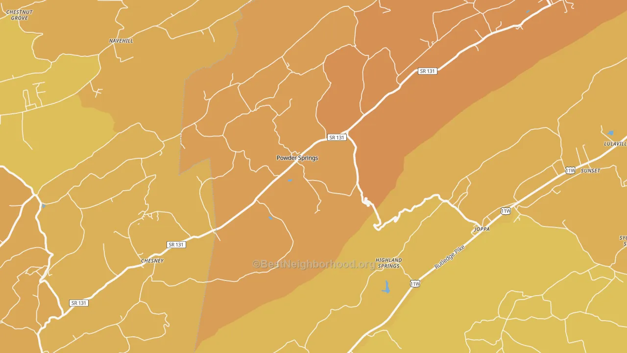 Map of the best neighborhoods in the Powder Springs area, with better matches in green and worse matches in red