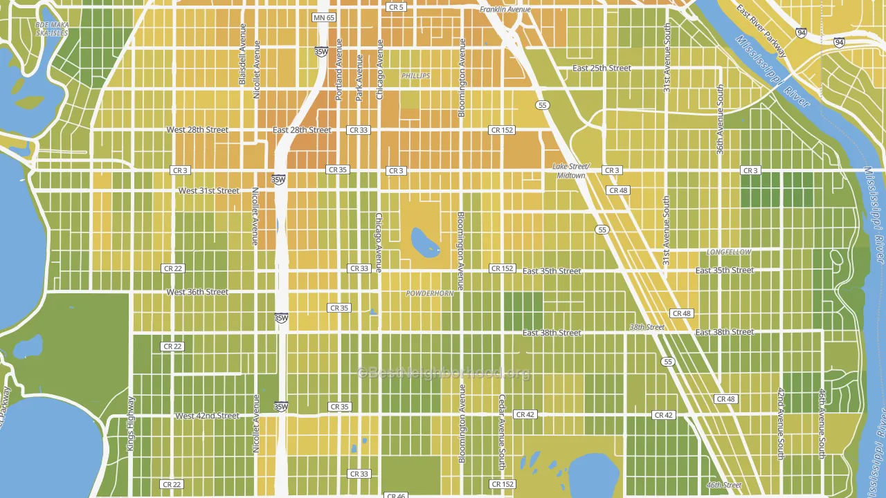 Map of the best neighborhoods in the Powderhorn Park, Minneapolis area, with better matches in green and worse matches in red
