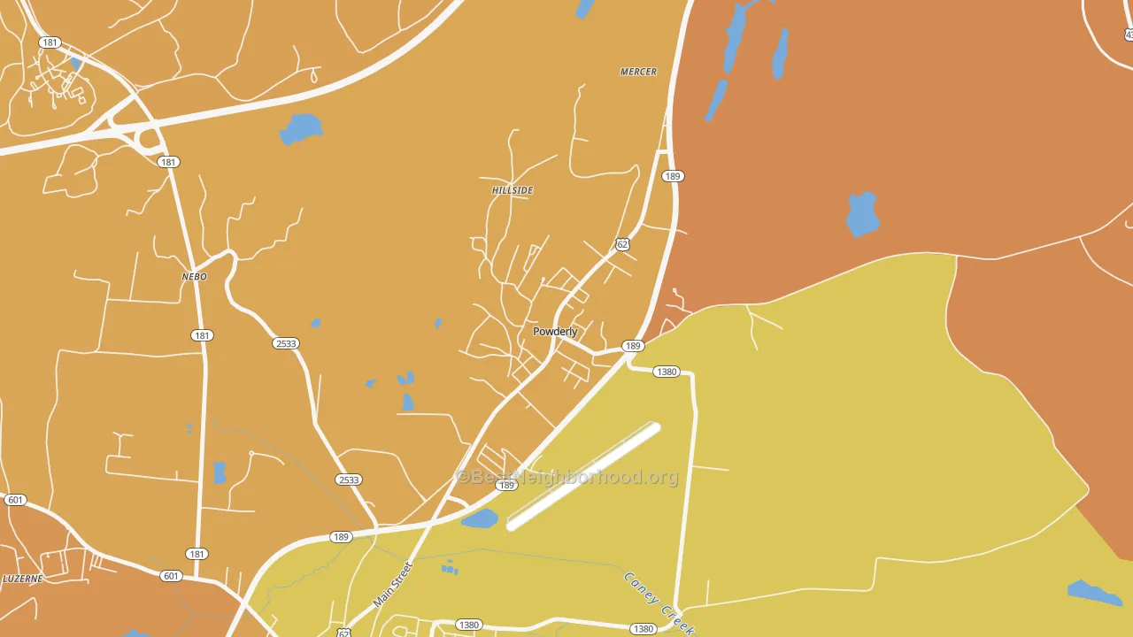 Map of the best neighborhoods in the Powderly area, with better matches in green and worse matches in red
