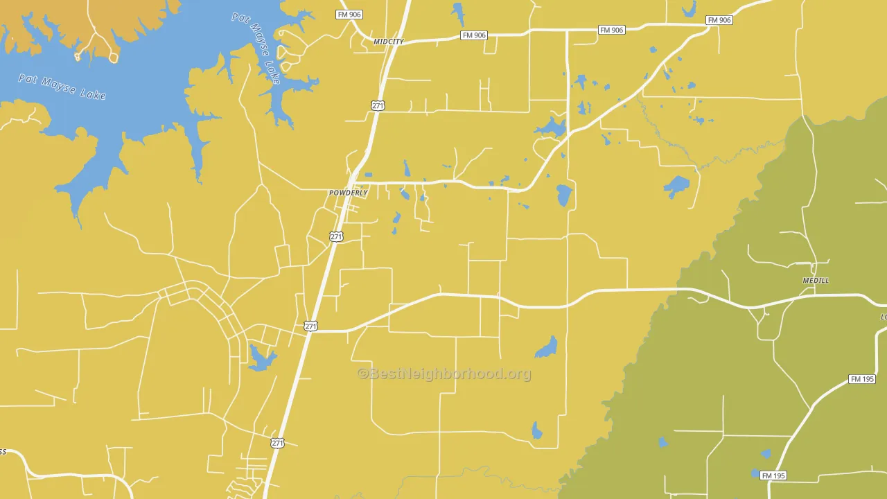 Map of the best neighborhoods in the Powderly area, with better matches in green and worse matches in red