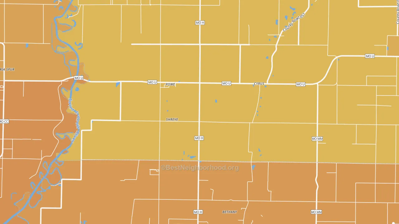 Map of the best neighborhoods in the Powe area, with better matches in green and worse matches in red